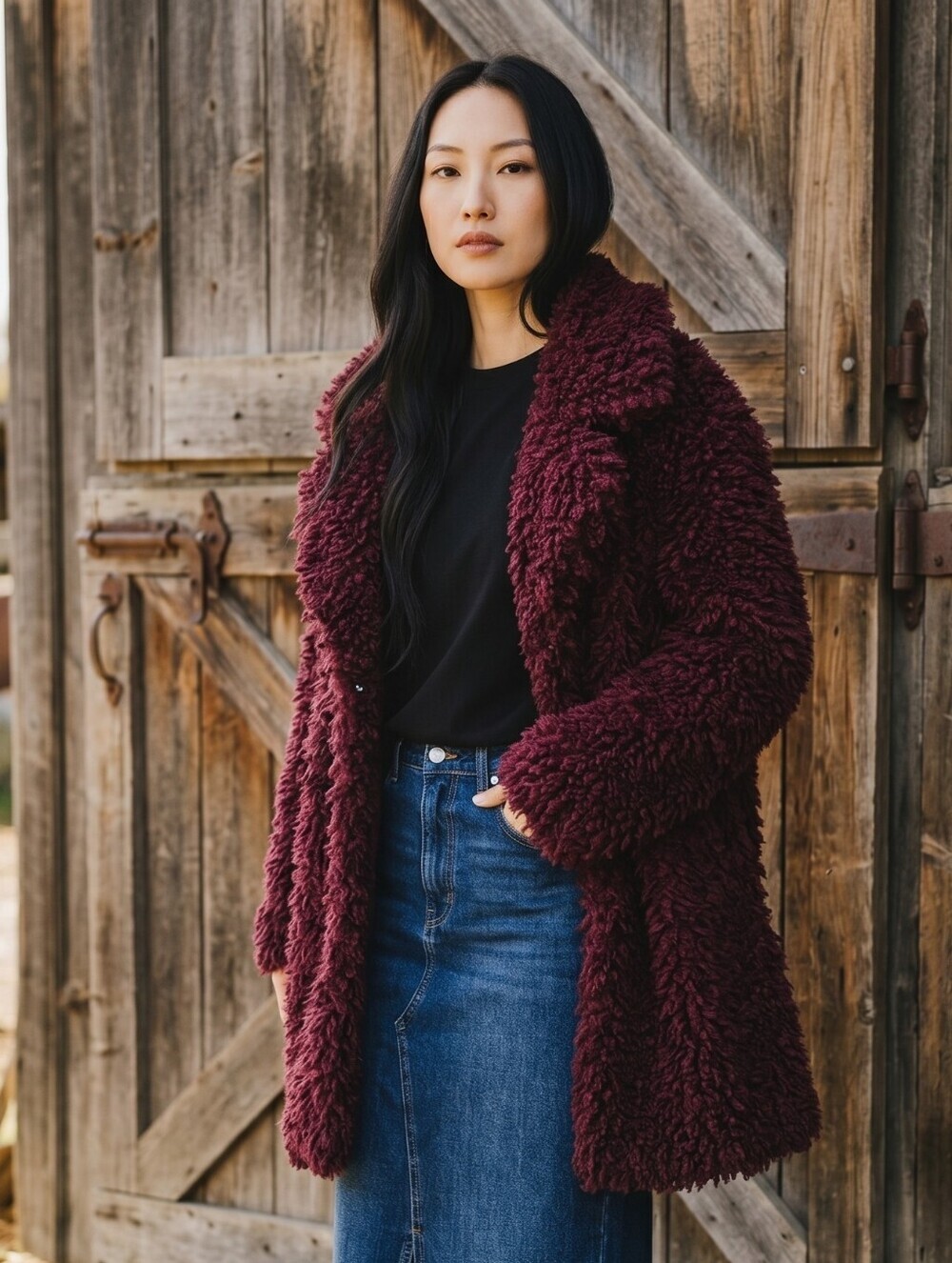 Zara Plush Teddy Coat in Deep Burgundy